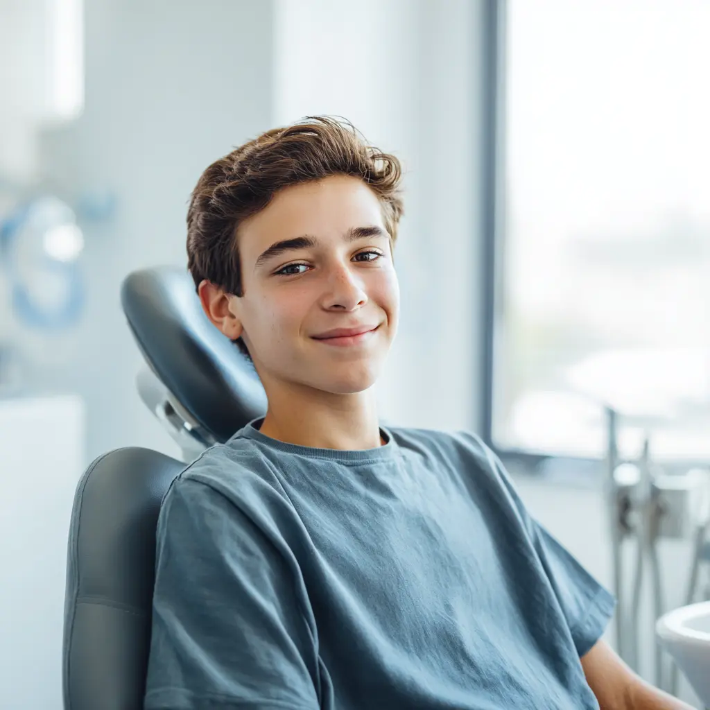 Smiling teenage boy sitting calmly in a dental chair after sedation dentistry in Valley Park, MO