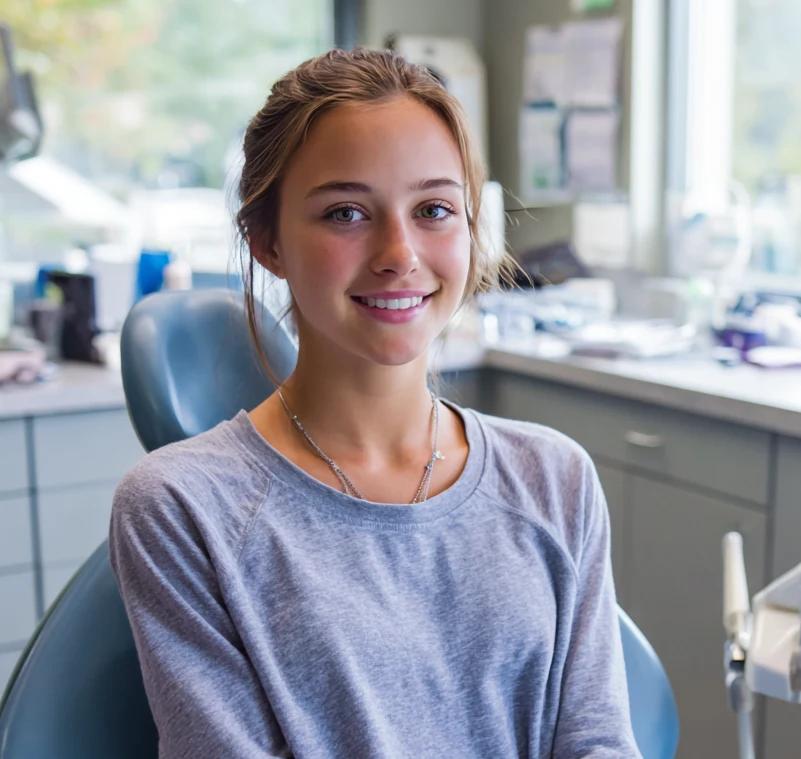 Smiling teen girl in a dental chair after sedation dentistry in Town and Country, MO